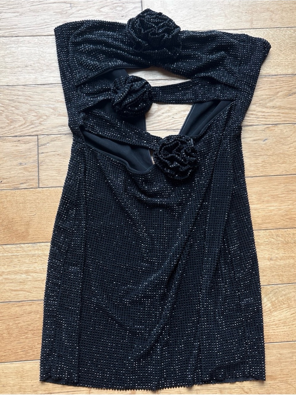 Meshki diamond embellished black mini dress with florals never worn